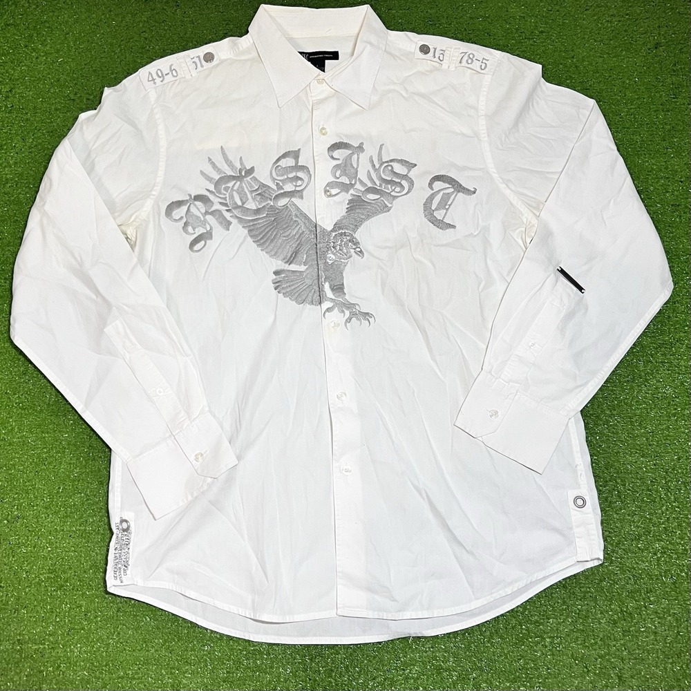 Vintage Y2K INC Concepts Rockabilly Button Up LG Resist Big Bald Eagle Embroider